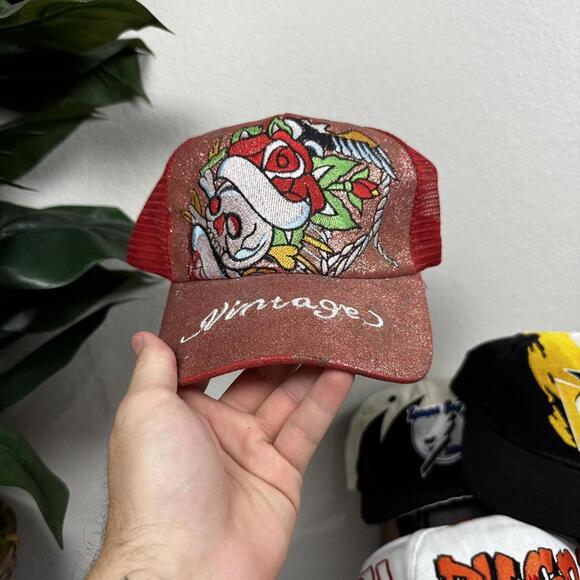 Y2K Ed Hardy style trucker hat  embellished embroidered grunge tribal - Picture 1 of 5